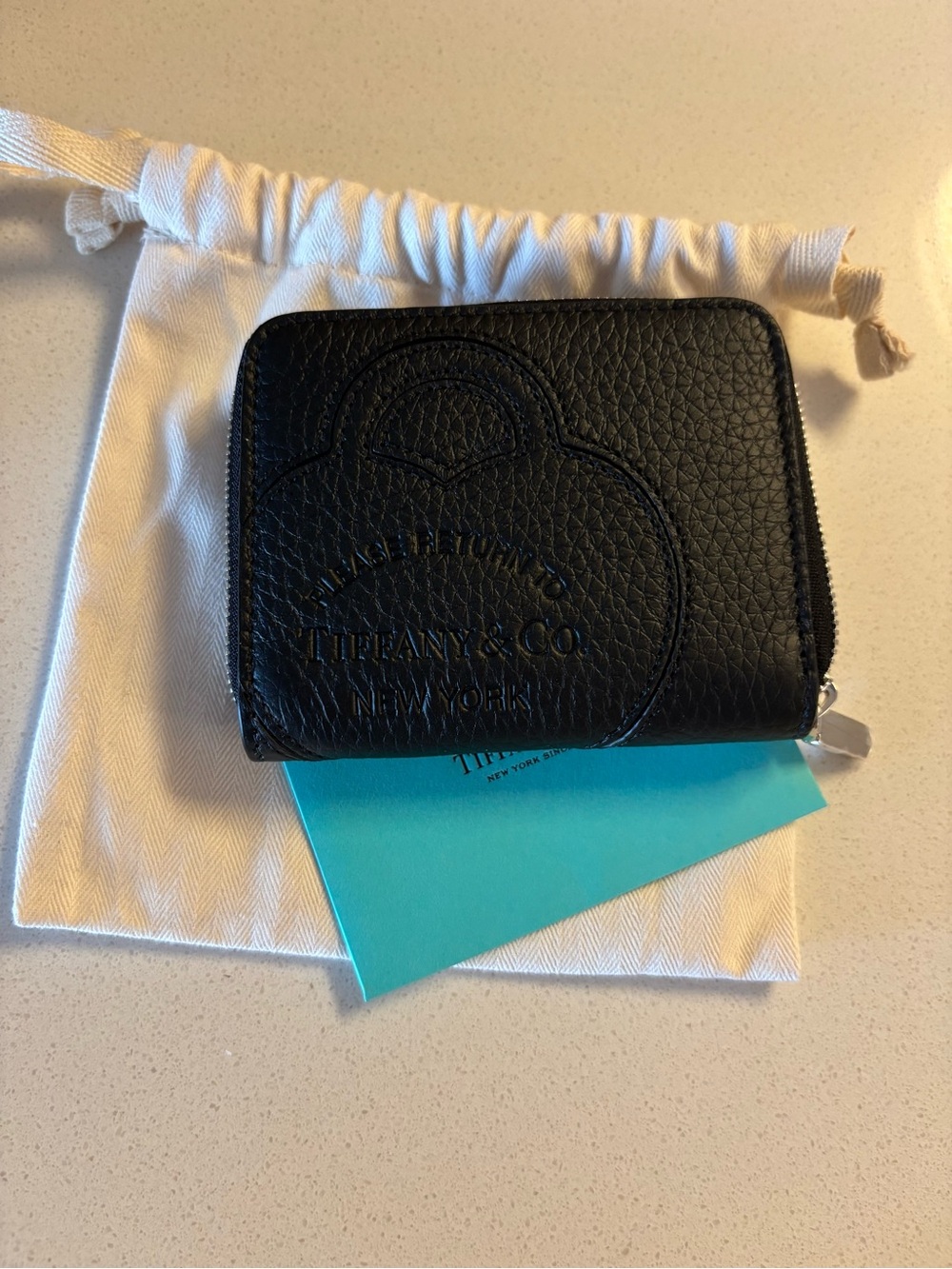 Tiffany & Co. Black Pebbled Leather Zip Wallet